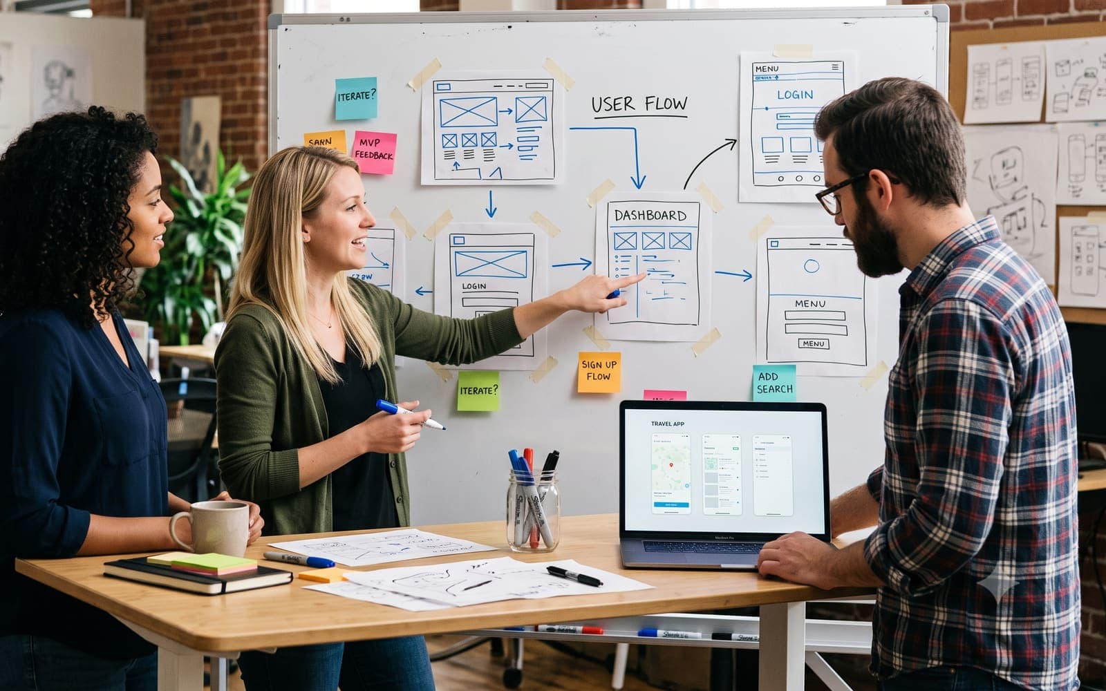 A design team reviewing taped-up wireframes and a user flow diagram on a whiteboard, with a laptop showing the app mockup on the desk.
