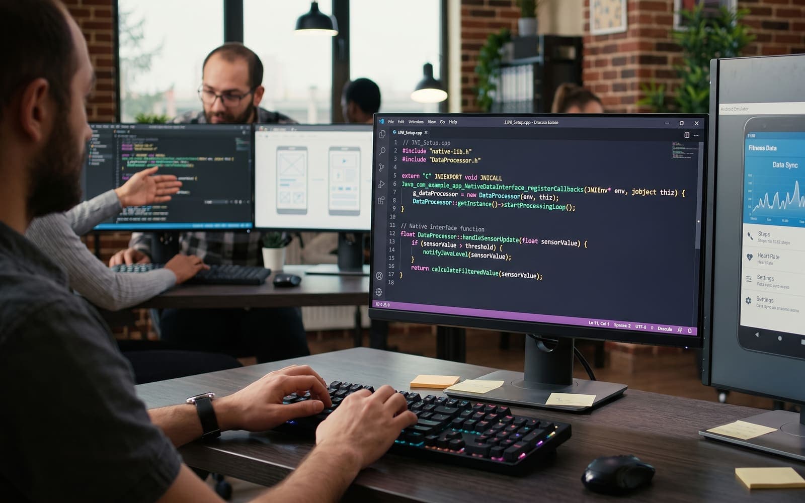 A developer writing native mobile code with a phone emulator open on a second monitor, colleagues coding in the background.