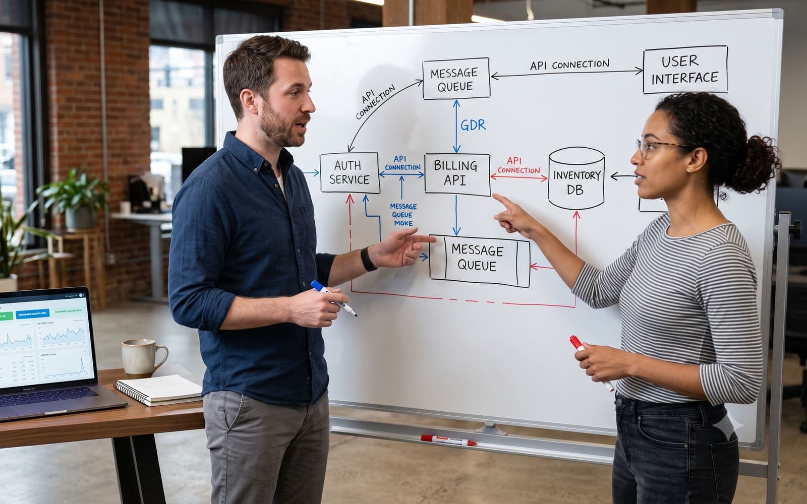 Two engineers reviewing a system architecture diagram on a whiteboard, showing services like billing API, auth, and inventory database.