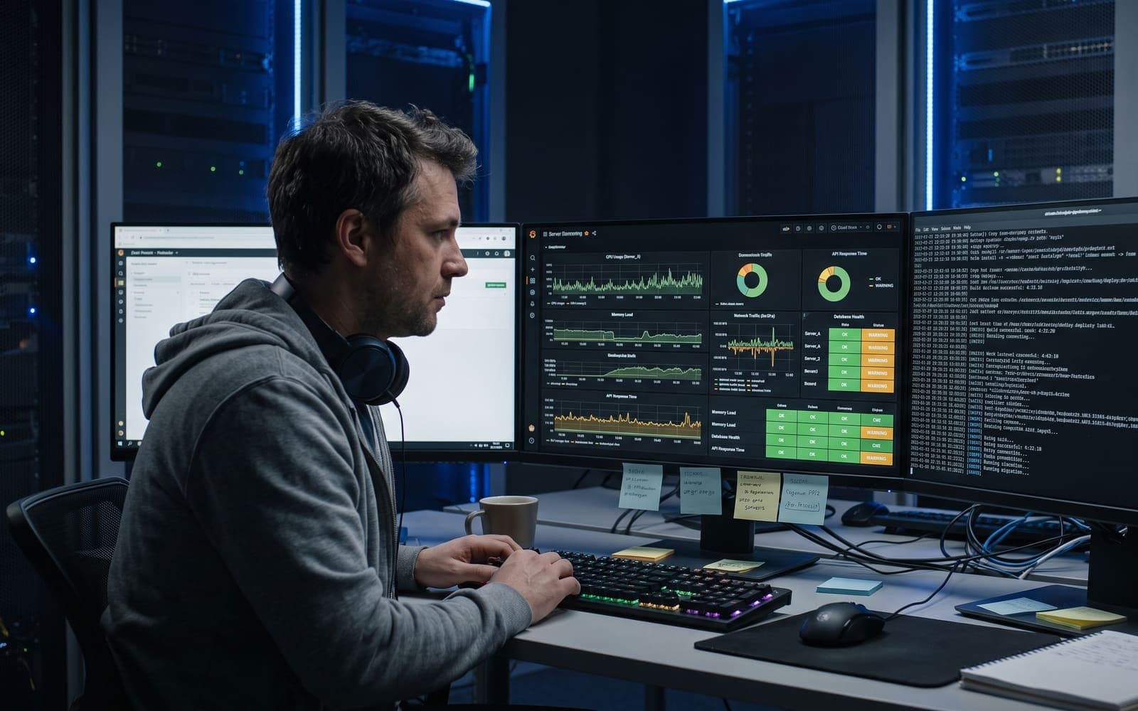 An engineer monitoring server health dashboards and deploy logs across multiple screens in a server room.