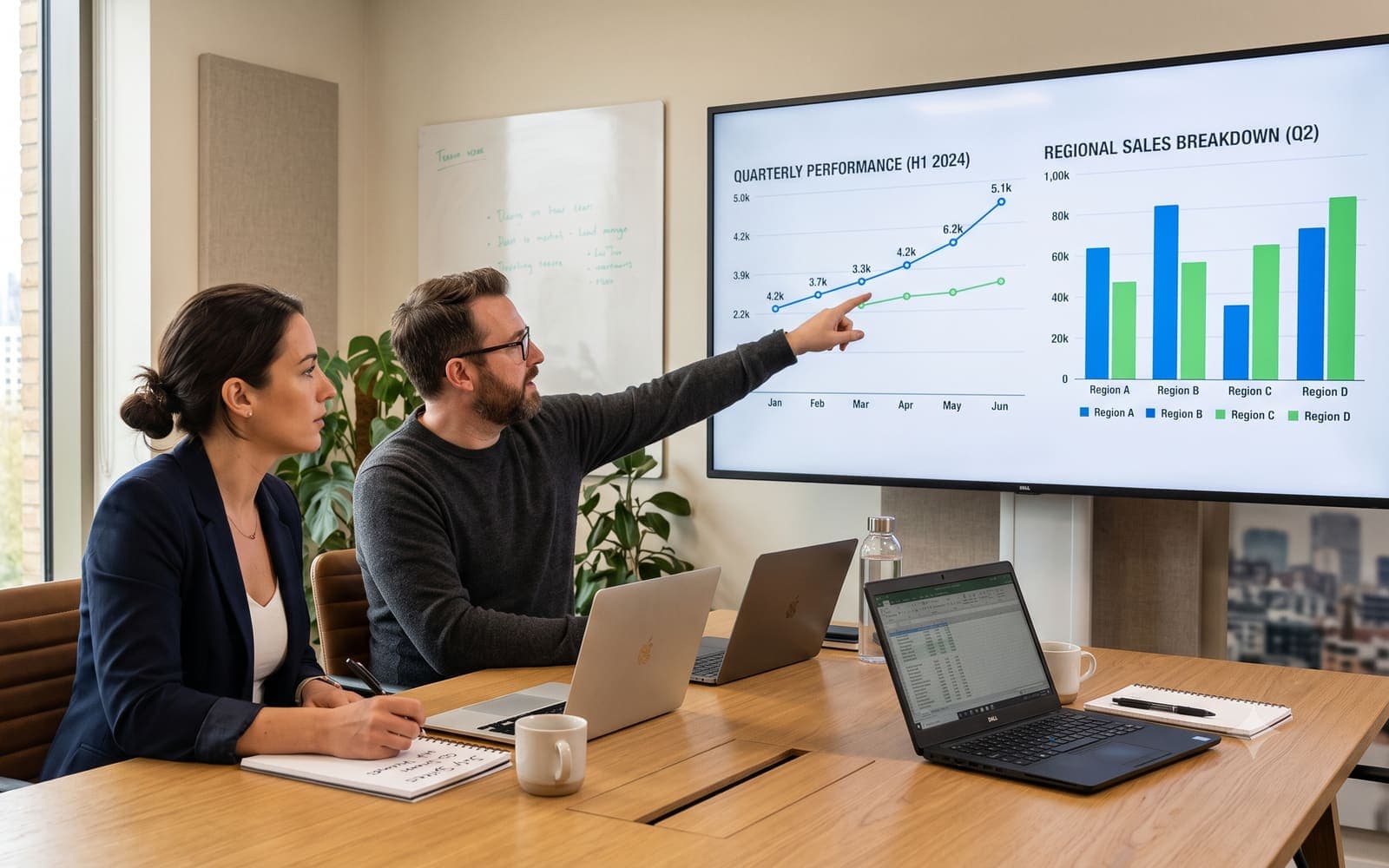 Two people in a meeting reviewing quarterly performance and regional sales charts on a large wall-mounted screen.