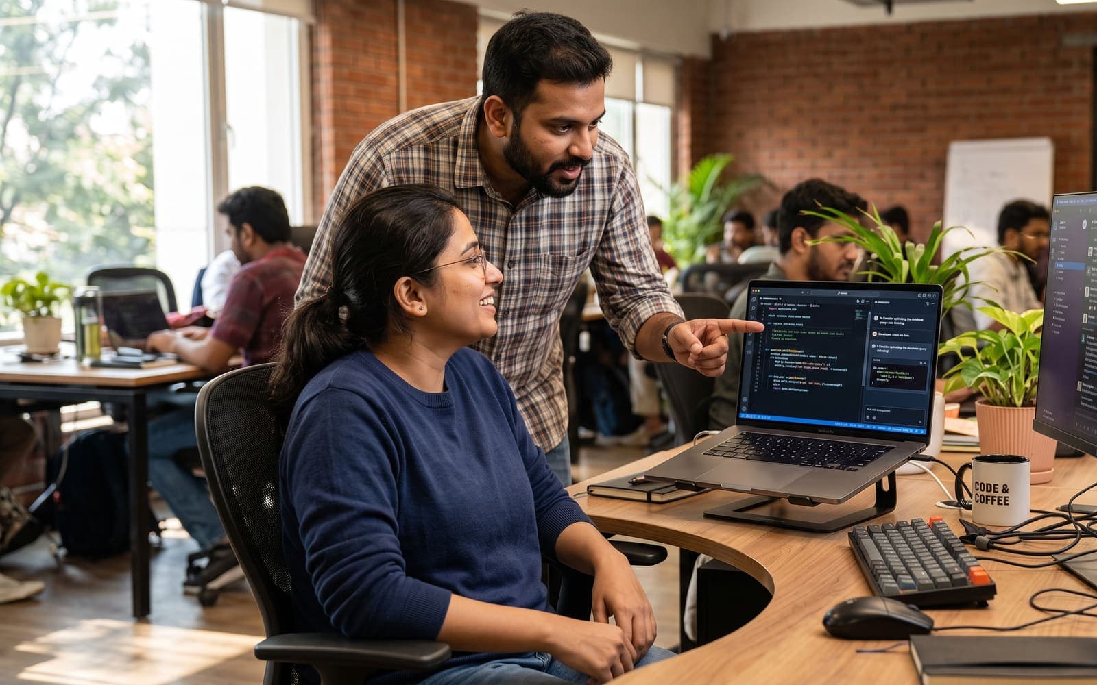 A developer pointing at an AI coding assistant panel next to a code editor, explaining a suggestion to a colleague.