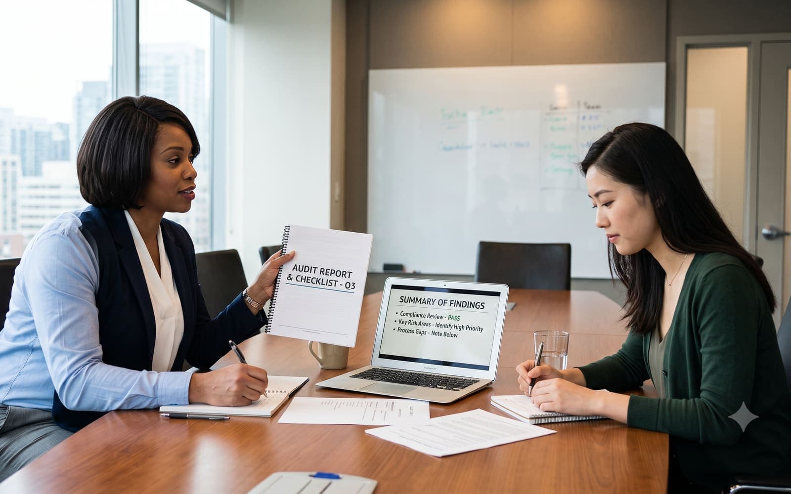 Two consultants in a conference room reviewing a printed audit report and checklist alongside a laptop showing findings.
