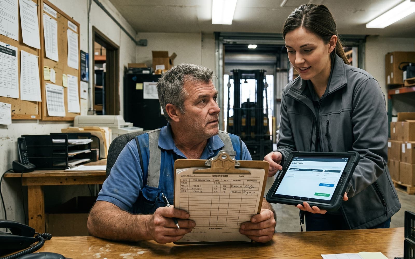 A warehouse worker with a paper order form being shown the new digital order-entry system on a tablet by a colleague.